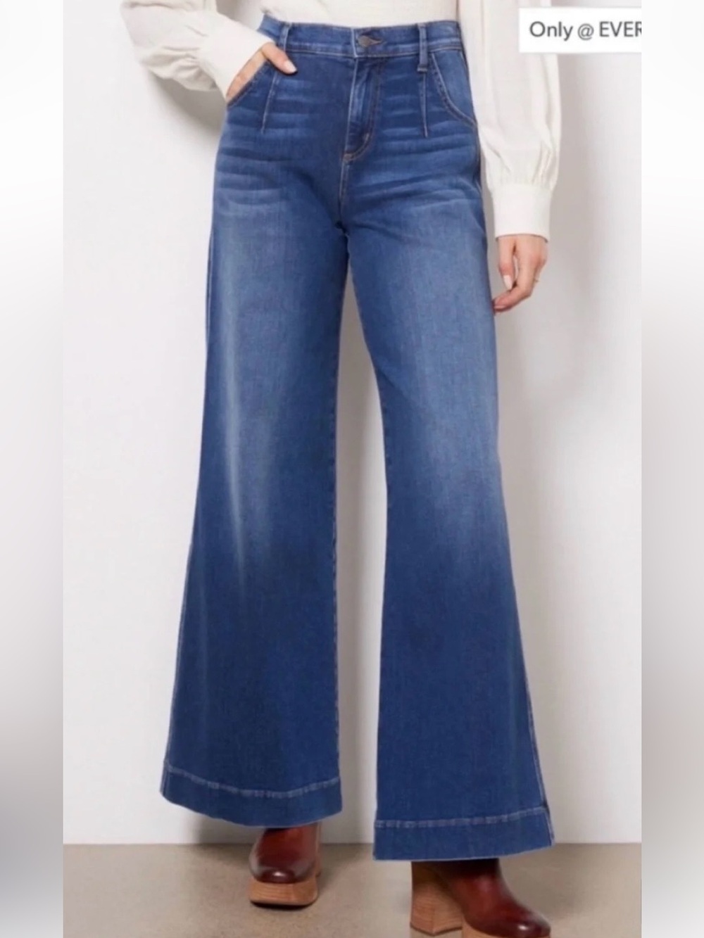 Evereve Wide Leg High Rise Flare Blue Jeans Faux Pleat Denim Trouser size 29